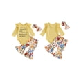 thumbnail image 3 of Aojekbee Baby Girl Fall Outfits Letter Print Crew Neck Long Sleeve Romper Floral Print Flare Pants Headband 3Pcs Clothes Set, 3 of 10