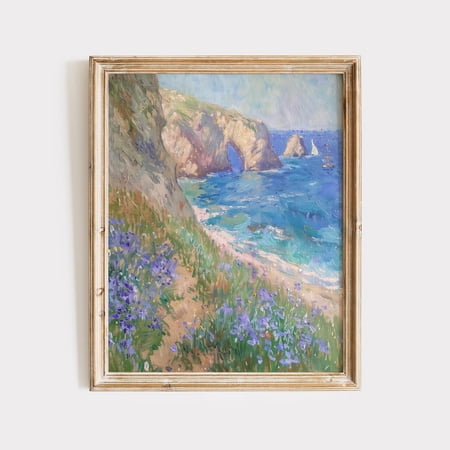Sunlit French Coastal Scene Print Wall Art - Serene Turquoise Cliffs Ocean View Impressionist Bible Verse Christian Decor Download 1043