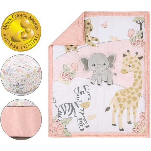 3 Piece Baby Crib Bedding Set for Girls - Newborn, Infant & Toddler Nursery Bed Set Decor with Fitted Crib Sheet, Dust Ruffle Comforter - Wildest Dreams