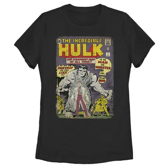 Women's Marvel Hulk Comic Book Cover Print Graphic Tee Black X Large
