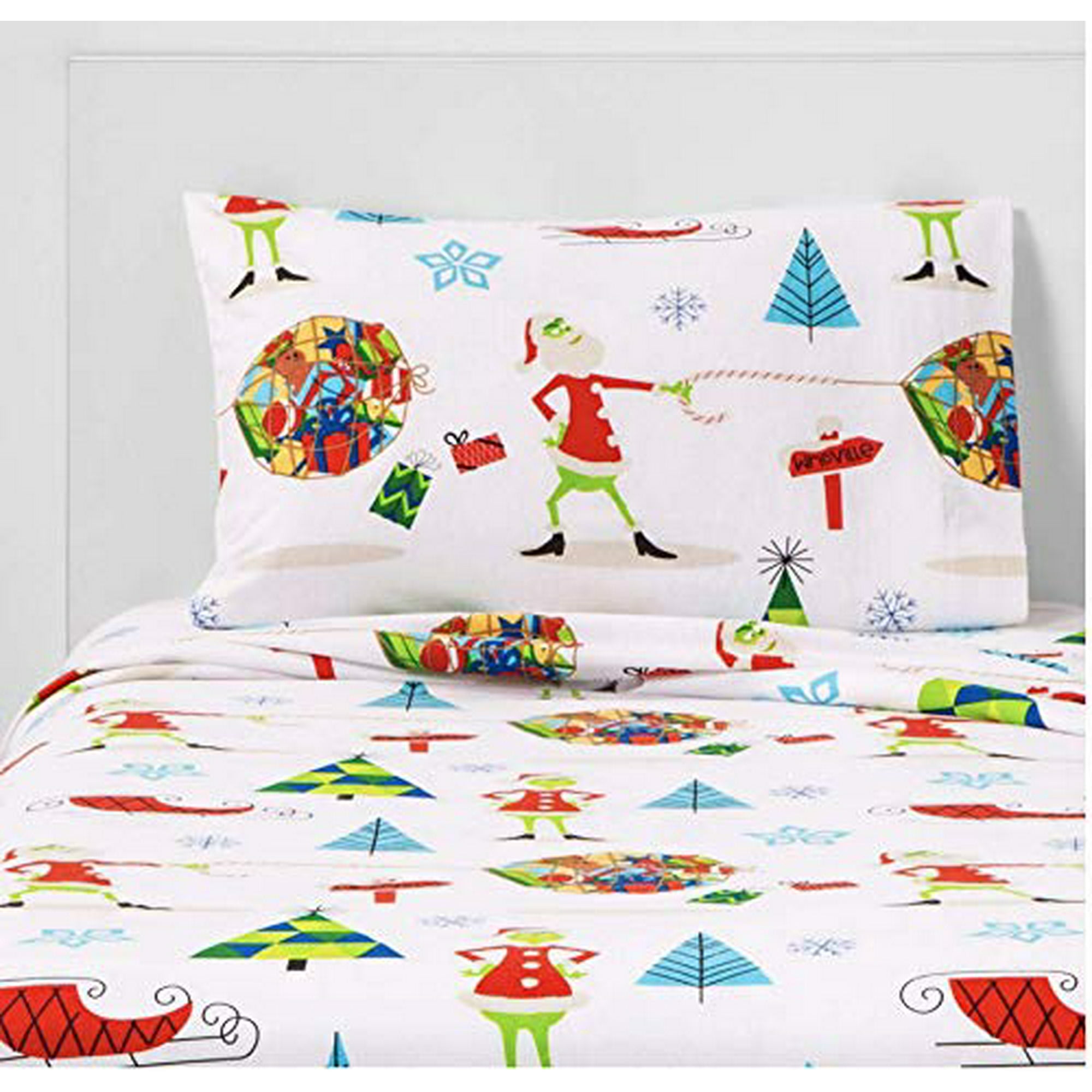 Dr Grinch 4pc Cotton Flannel Sheet Set, Grinch Bed Set Queen