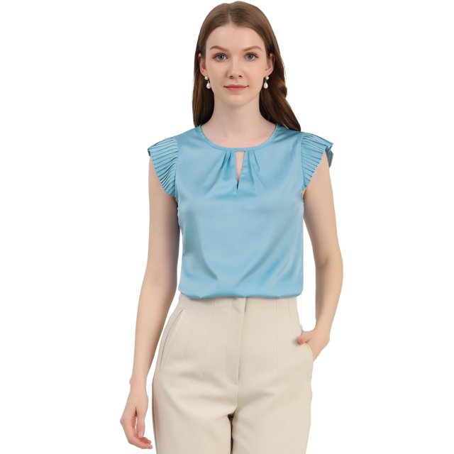 INSPIRE CHIC Women's Cut Out Keyhole Back Straight Solid Pleated Cap Sleeve Blouse
