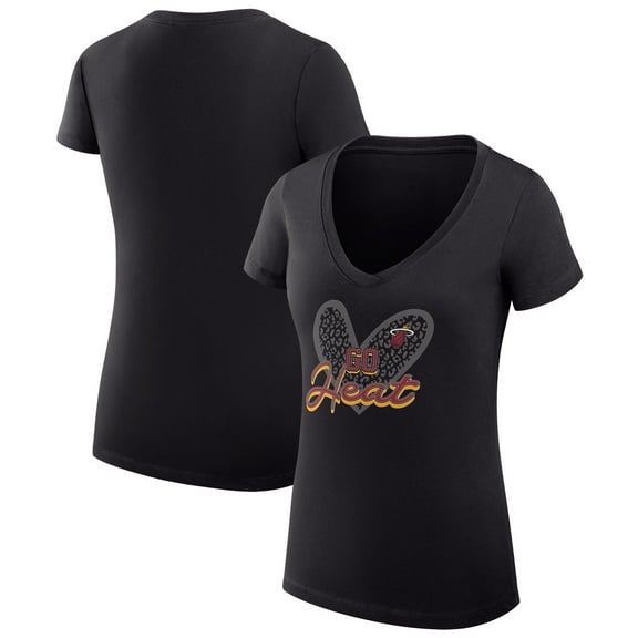 Women's G-III 4Her by Carl Banks Black Miami Heat Super-Slim Fit Lightweight Leopard Heart V-Neck T-Shirt