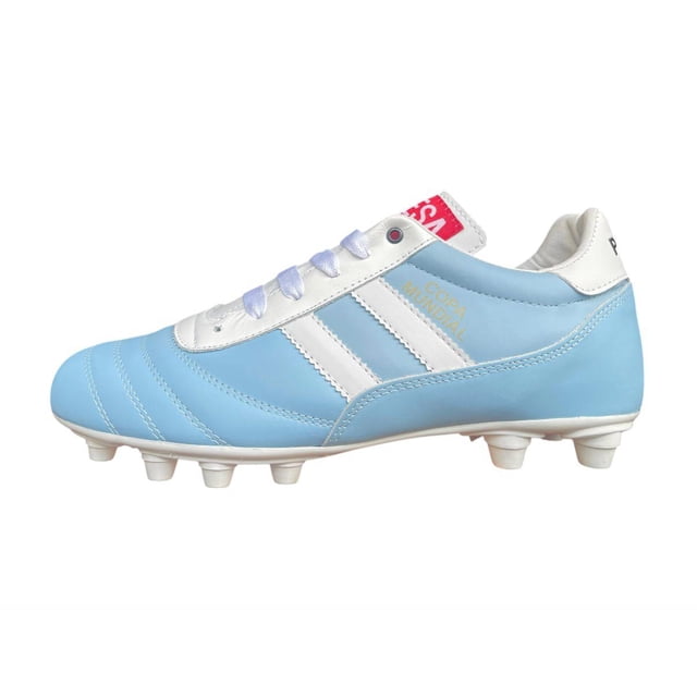 Tacos de Fútbol Profesional Copa Mundial Piel Natural Color Celeste y Blanco – Suela FG para Césped Natural