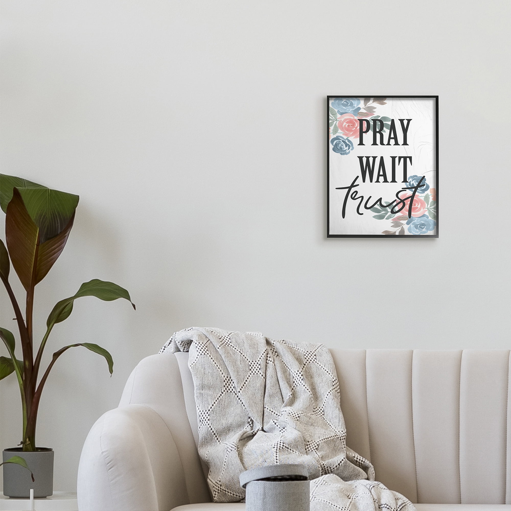 Pray Wait Trust Phrase Blue Pink Roses 11 in x 14 in Framed Drawing Art Print, by Stupell Home Décor