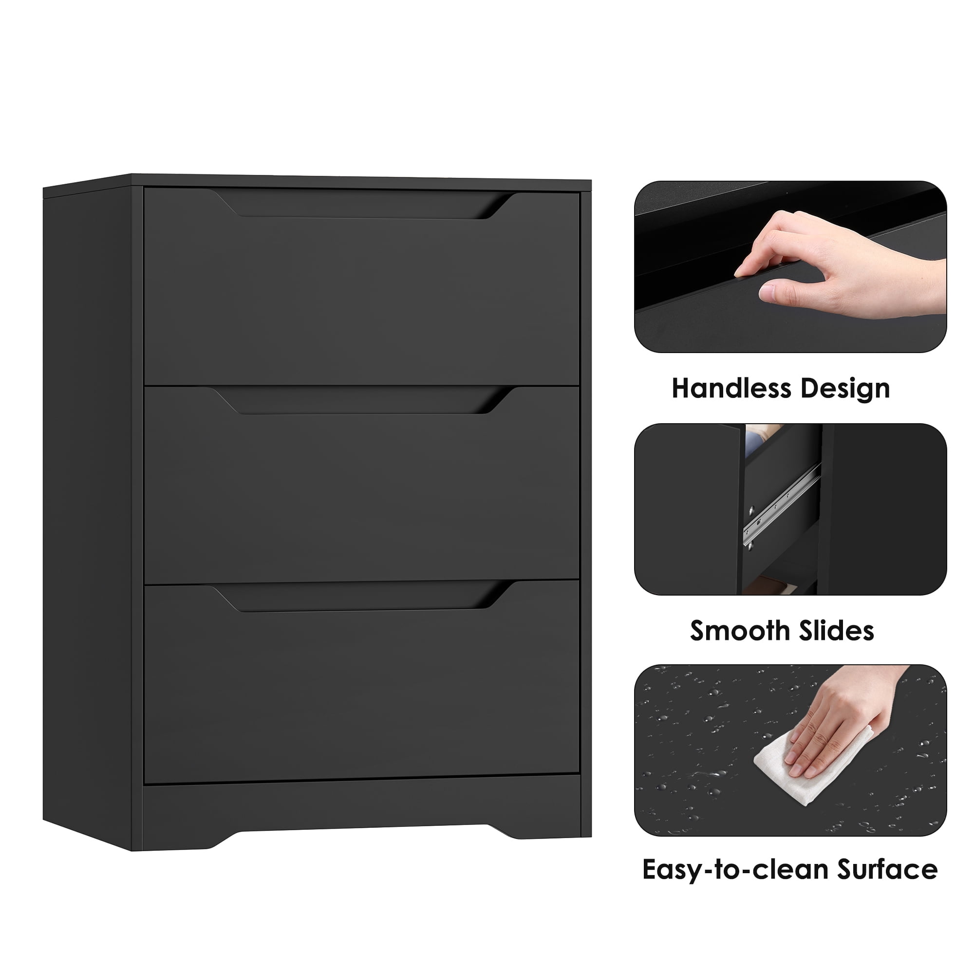 Homfa 3 Drawer Dresser, 23.6”W Nightstand, Wood Chest of Drawer with Cutout Handles for Bedroom Living Room，Black