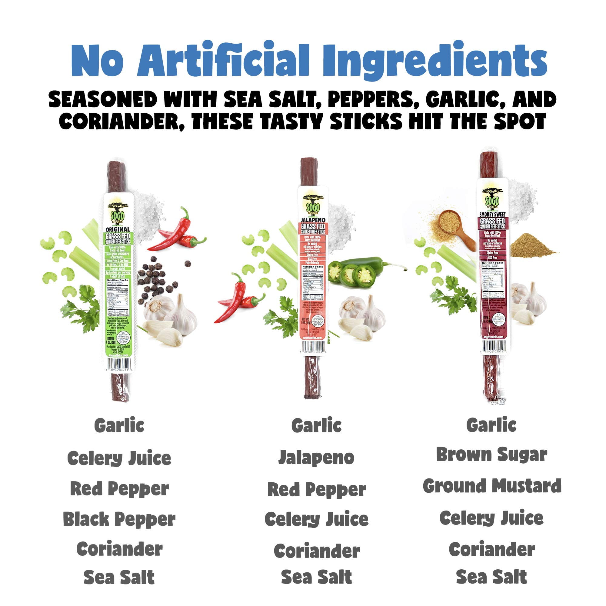 100% Grass-Fed Variety Pack Beef Sticks: MSG, Gluten and Soy Free, Never Given Antibiotics or Hormones (4 Original, 4 Jalapeno, 4 Smokey Sweet Flavor, 72-Count Variety, 1-oz Stick)