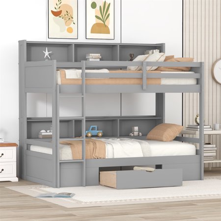 Wood Bunk Bed Frame Twin Size Bunk Bed with Built-in Shelves Beside Both Upper and Down Bed and Storage Drawer Multifunctional Bunk Bed Kids Storage Bunk Bed with Ladder & Guardrail for Bedroom Gray