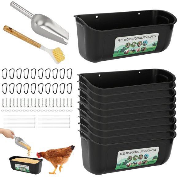 10 Pack Fence Feed Feeder 4.5 Quart Hanging Chicken Feeder Trough with Brush & Scoop Black Goat Hanging Fence Feeders Feeder with