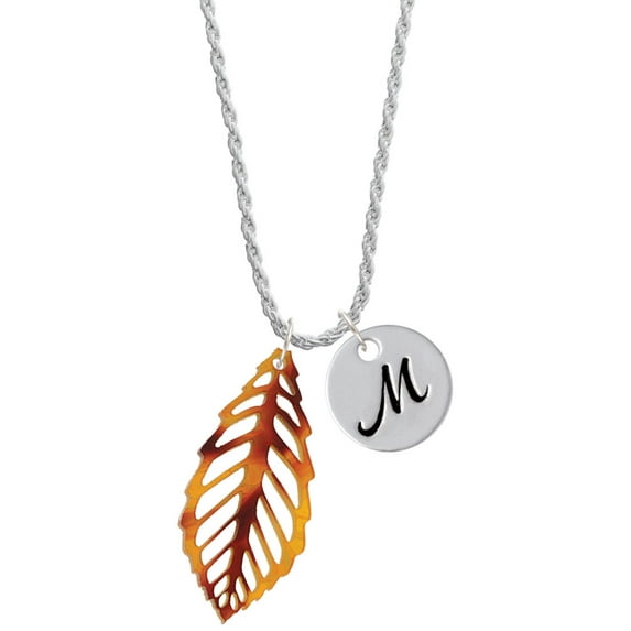 Delight Jewelry Acrylic Large Leaf Orange Brown Silvertone Script Initial Disc - M - Charm Necklace, 20"+3"