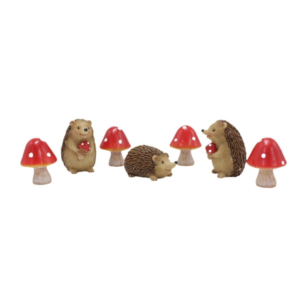 7 piezas de figuras en miniatura Hedgehog y estatuas de hongos esculturas de resina figura