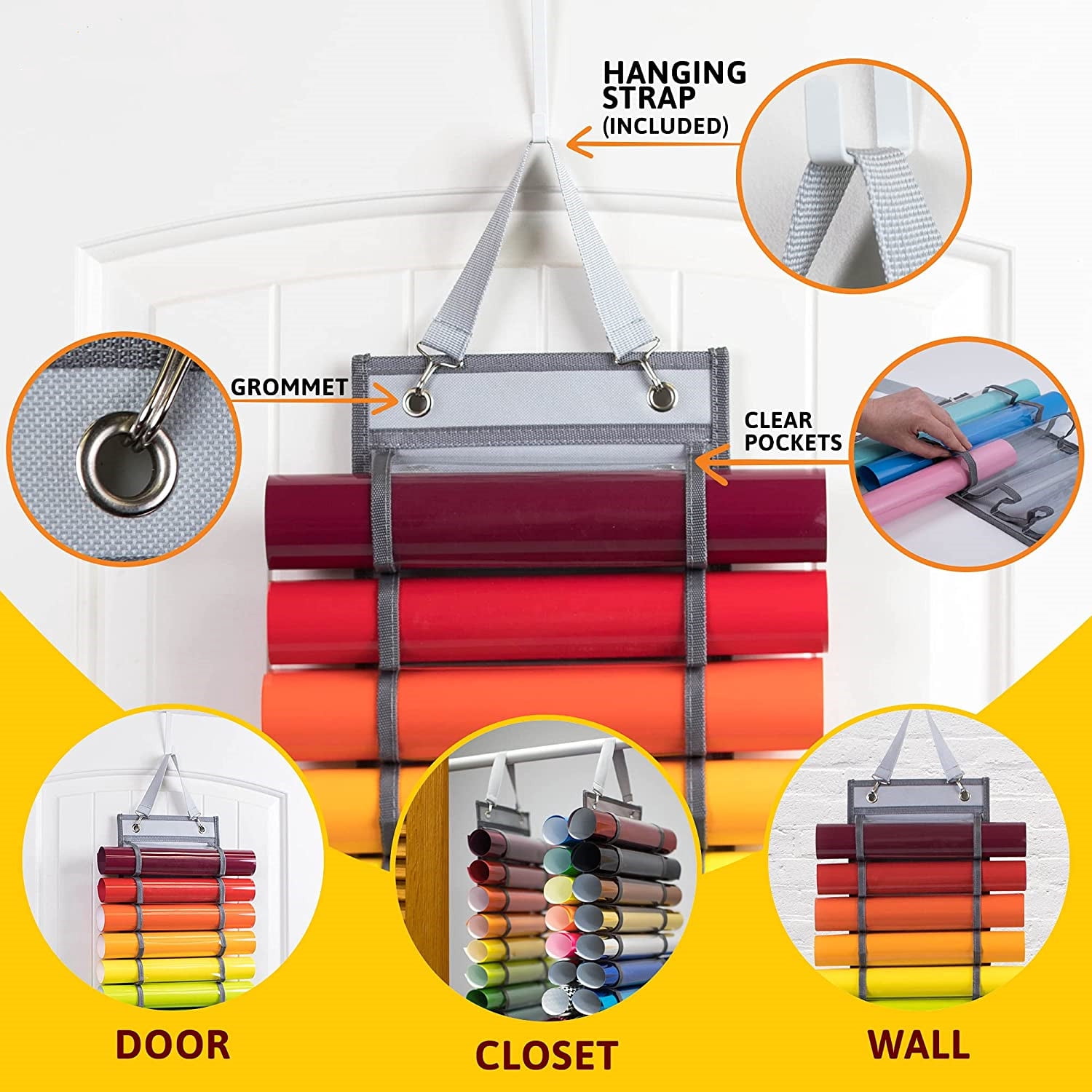 GIXUSIL Vinyl Organizer, Vinyl Roll Holder - Craft Vinyl Storage Organizer Rack - Wall Mount, Hanging Closet, Studio, or Over the Door Cricut Organizer - Cricut Accessories - 24 Compartments，Gray