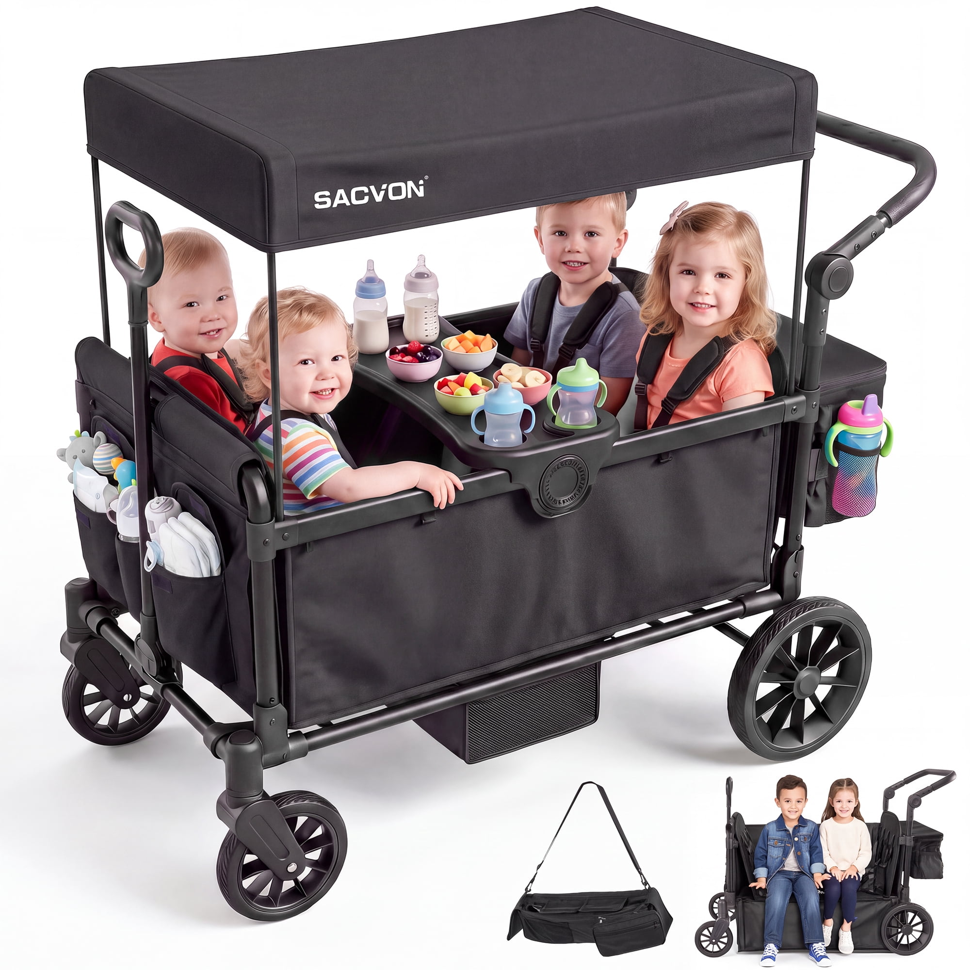 SACVON 4-Seater Stroller Wagon with Side Entry, Canopy & Snack Tray, Includes Detachable Storage Bag That Converts to a Backpack–Black