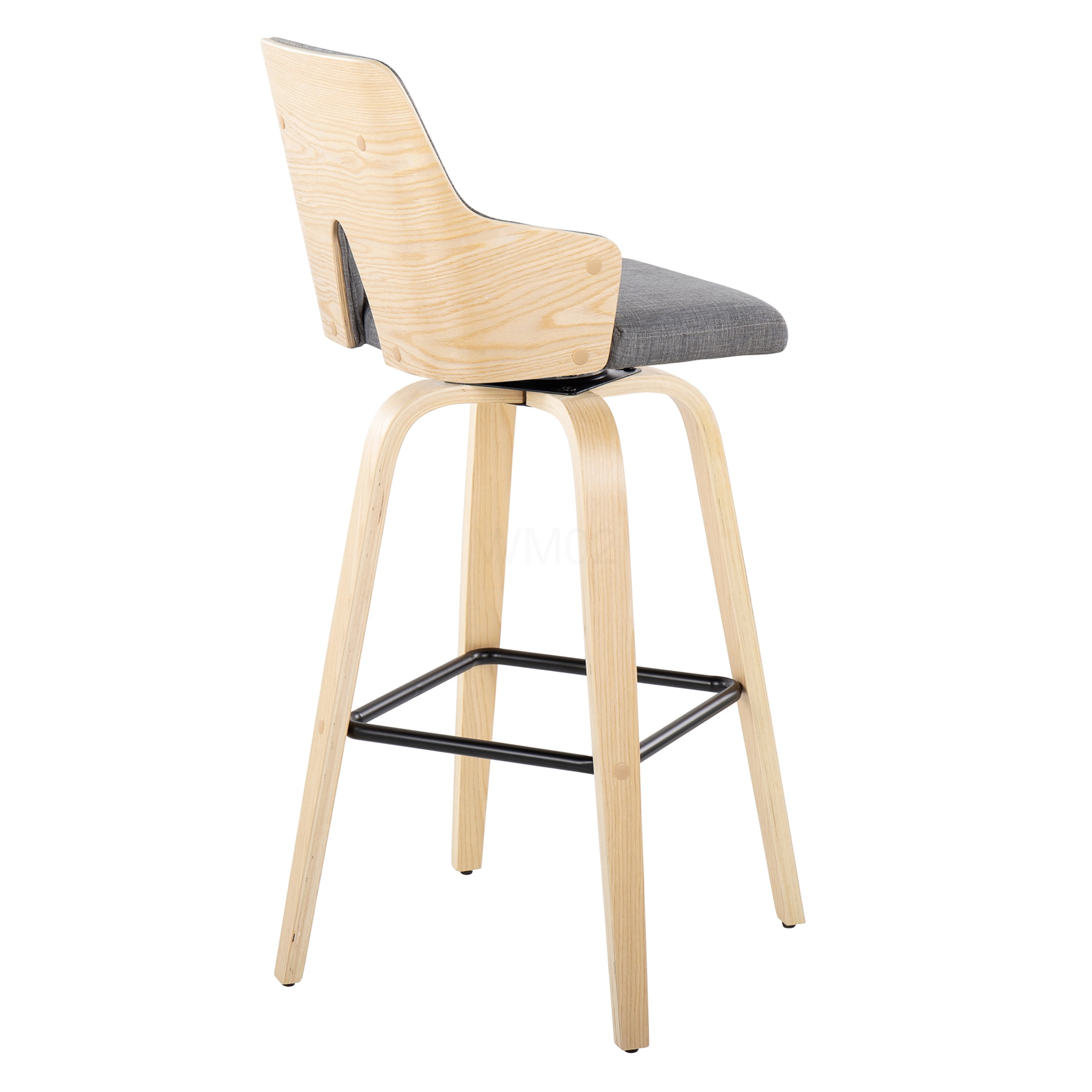 Natural Wood Bar Stools Set of 2 with Swivel, Grey Fabric Upholstered Counter Height Stools with Metal Footrest