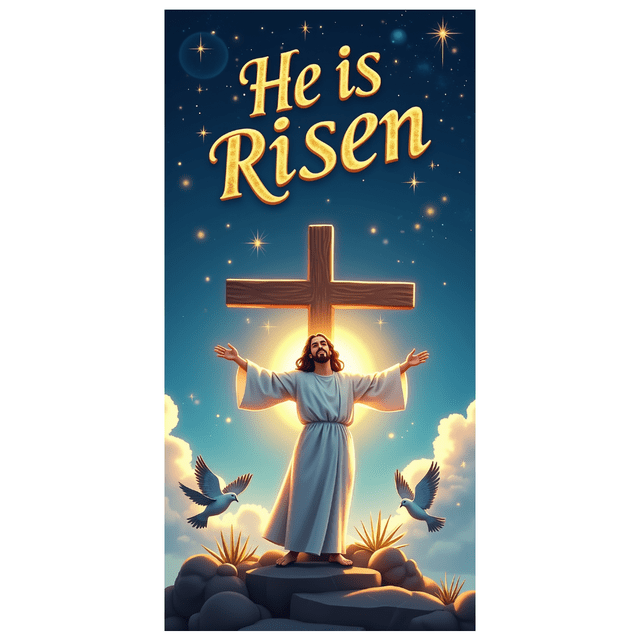 Easter Celebration He is Risen Cross Banner Background Backdrop Spring Blossoms Dove Eggs Church Decorations Religious Gatherings Spiritual Events