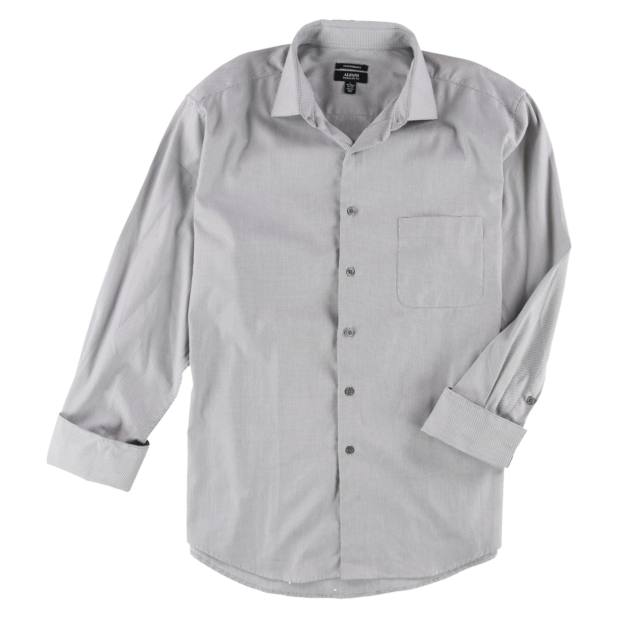 ALFANI Men's REGULAR-FIT Performance White/Grey Check long Sleeve Dress Shirt 