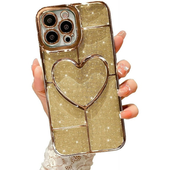 Compatible with iPhone 14 Pro Max Clear Glitter Case-6.7 Inch, Cute 3D Design Love Heart Pattern Plating Bling Case for Women Girls Soft TPU Shockproof Camera Protective Back Cover-Gold