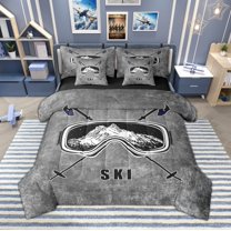 Manfei Ski Print Bedding Comforter Set 7 Pieces, Grunge Gray Queen Bedding Sets, Sports Theme Queen Sheet Sets, Ultra Soft Home Decor