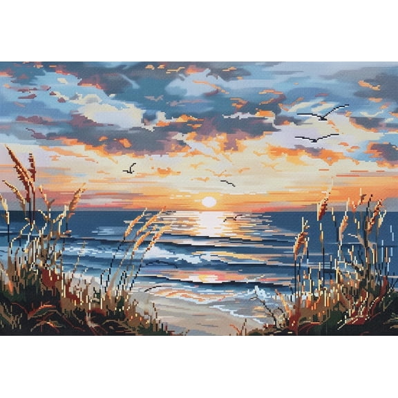 Sunset and Beach Seaside Landscape DIY 11CT Stamped Cross Stitch Kits for Beginners Easy Needlepoint Embroidery Counted Cross Stitch Art Craft for Wall Decoration 12x16inch(3)