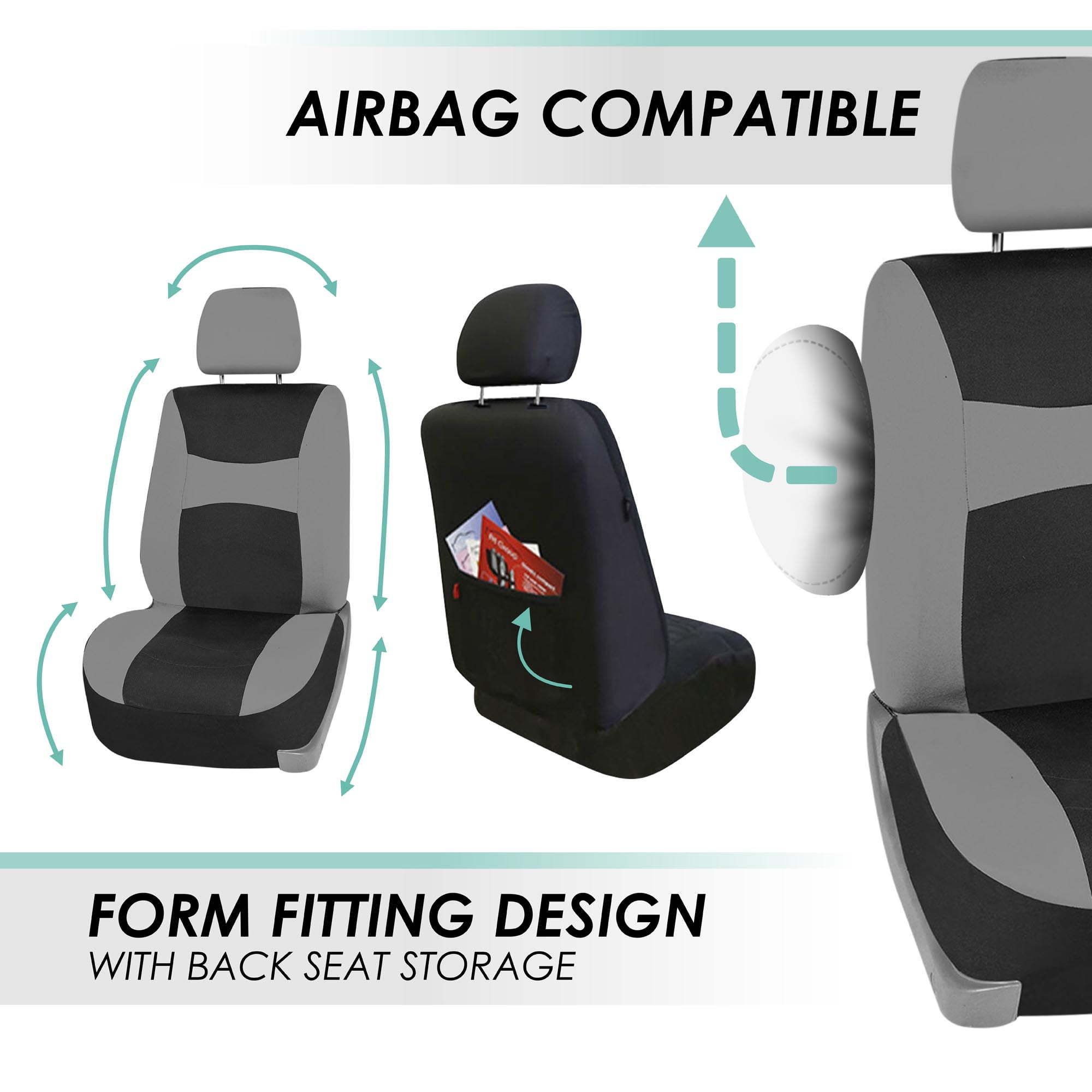 FH Group Light & Breezy Flat Cloth Car Seat Cover Set For Car Truck SUV Van Gray - Front