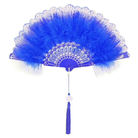 Blue Feather Folding Hand Fan with Flower Painting – Elegant Vintage Dance Fan, Costume Accessory, Stage Performance & Gift