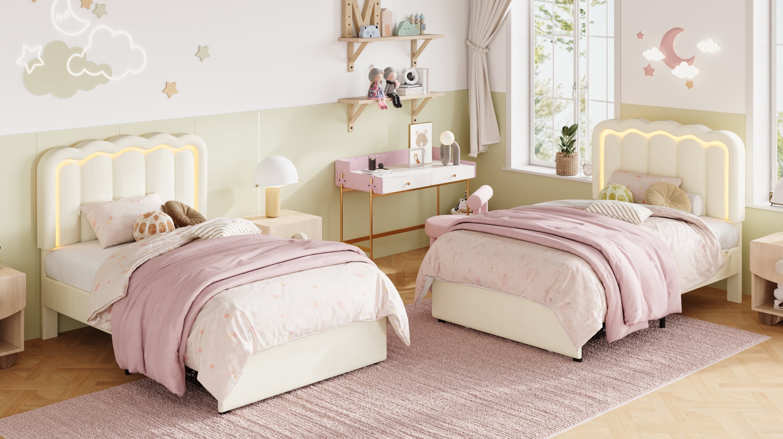 Amolife Queen Size LED Bed Frame with Drawer, Platform Bed with Velvet Upholstered Adjustable Wavy Headboard, Cream