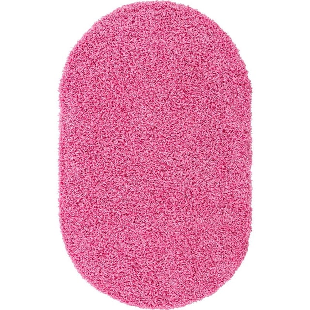 Unique Loom Solid Shag Modern Plush Area Rug 3' 3 x 5' 3 Oval Bubblegum Pink