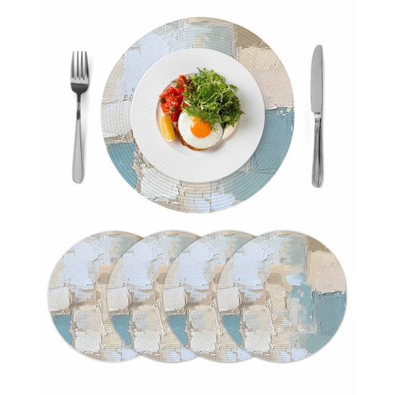 Modern Abstract Round 15 Inch Placemats Set of 4, Blue Brown Color Blocks HeatResistant Non Slip Place Mats for Dining Table, Wipeable Braided Kitchen Table Mats for Housewarming