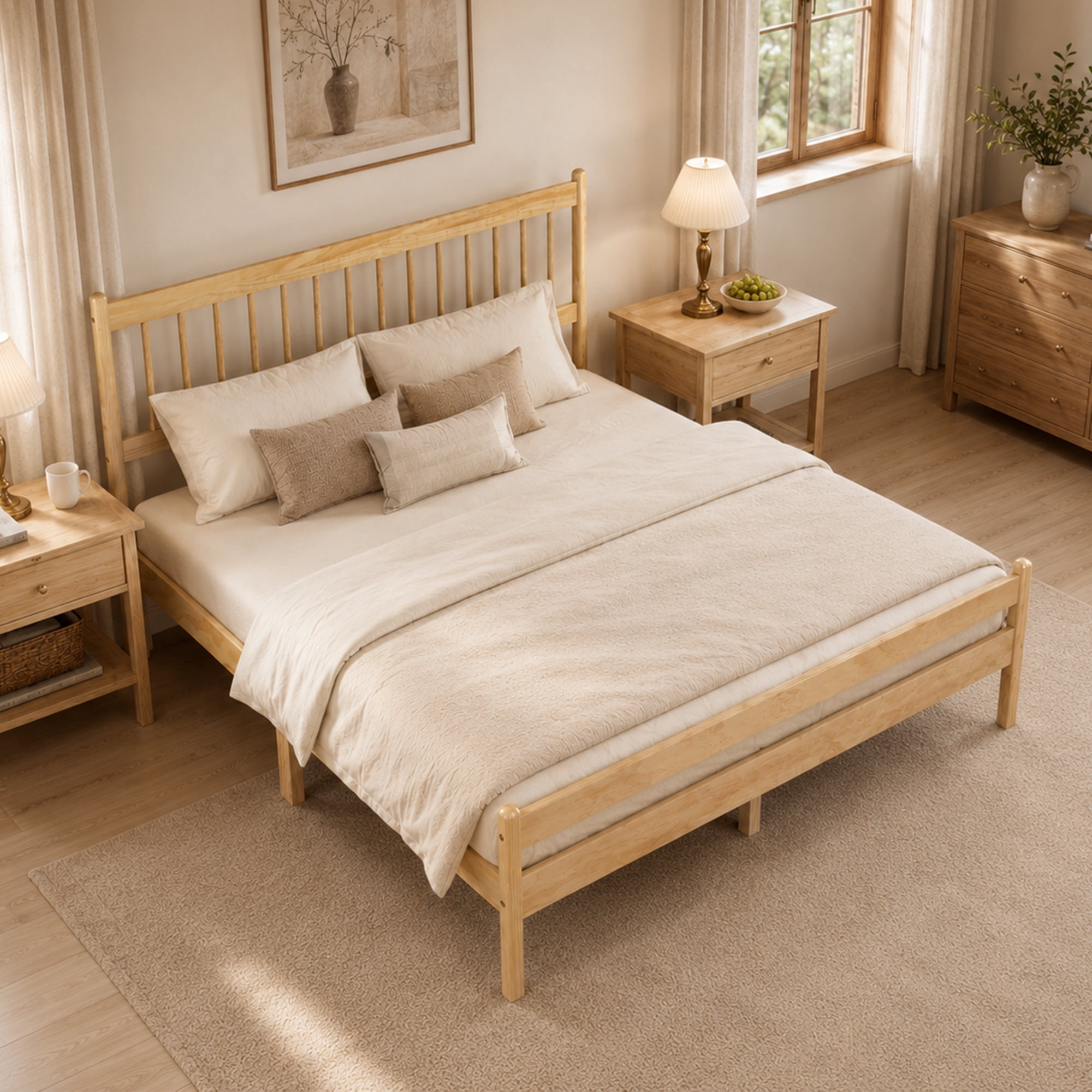 Mintazer Traditional Queen Size Platform Bed with Headboard and Footboard, Vintage Headboard Bed Frame for Bedroom, Natural