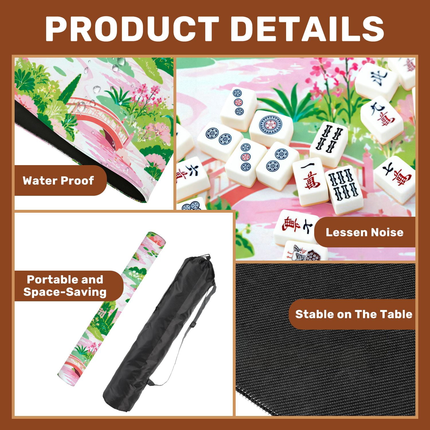 Mahjong Mat 31.5" x 31.5" Pink Tropical Palm Hibiscus Non-Slip Noise Reduction American Mahjong Tiles Table Cover for Dominoes Poker Card Board Games Gift