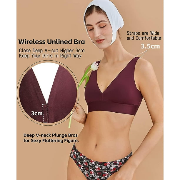 Women's Seamless Plunge Bra Deep V-neck Wireless Comfort Bra Unlined  Triangle 