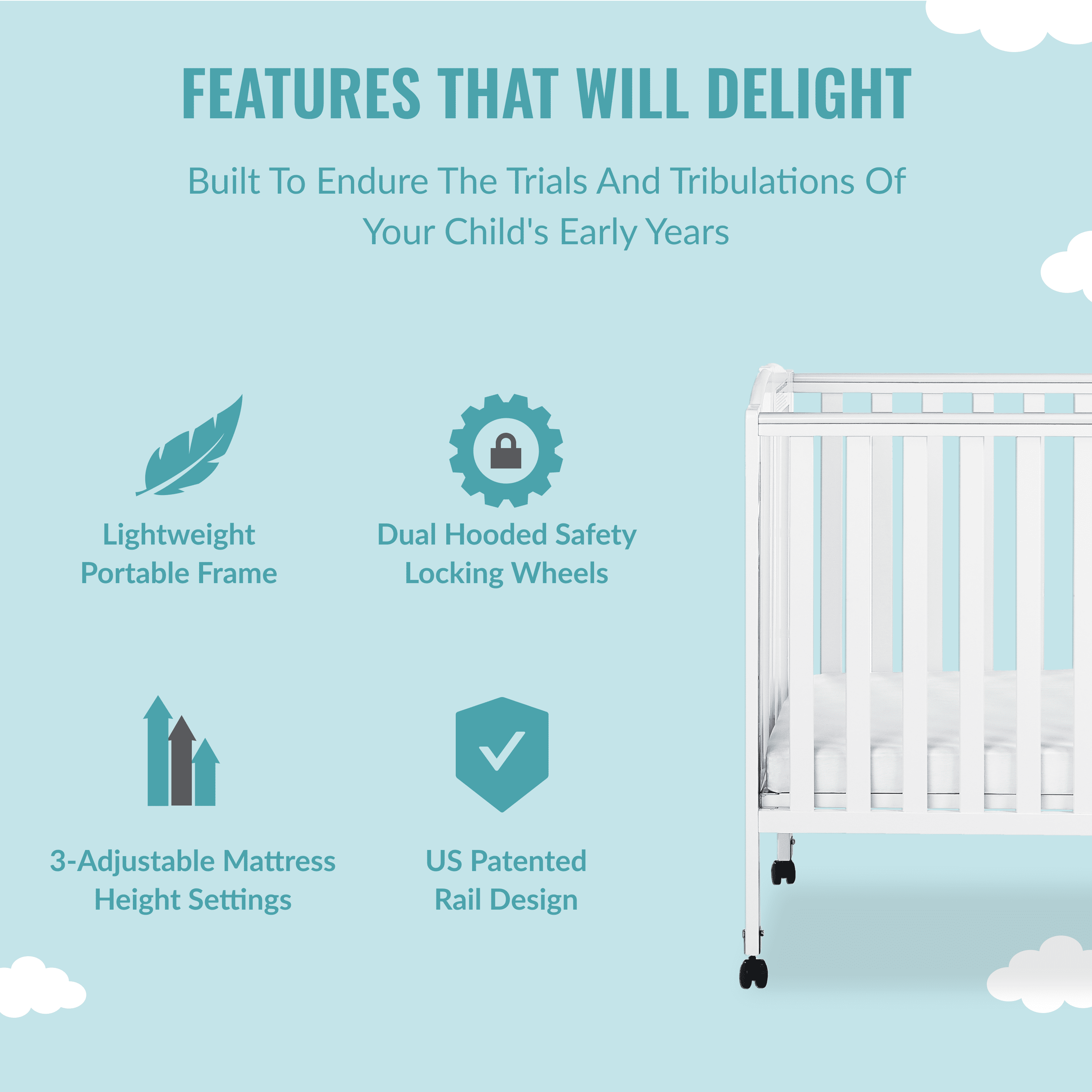 Dream On Me 3 in 1 Portable Folding Stationary Side Crib in White