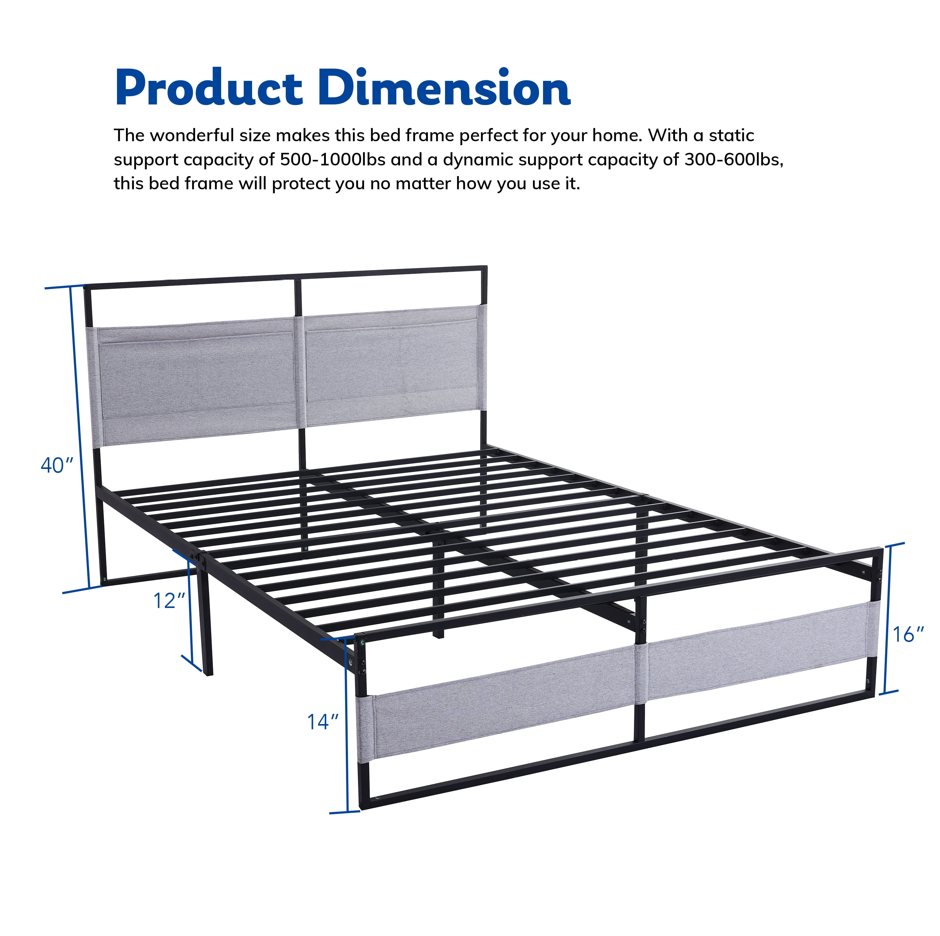 14 inch King Size Platform Metal Bed Frame with Fabric Headboard, Non-Slip