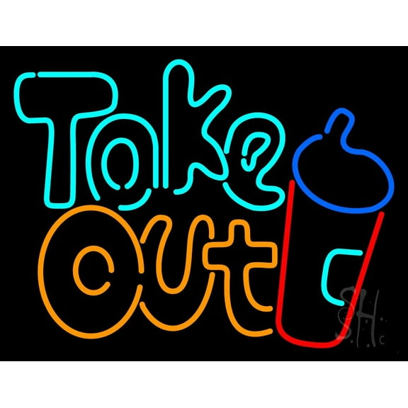 Take Out With Wine Glass LED Neon Sign 15 x 19 - inches, Clear Edge Cut Acrylic Backing, with Dimmer - Bright and Premium built indoor LED Neon Sign for Bar decor.