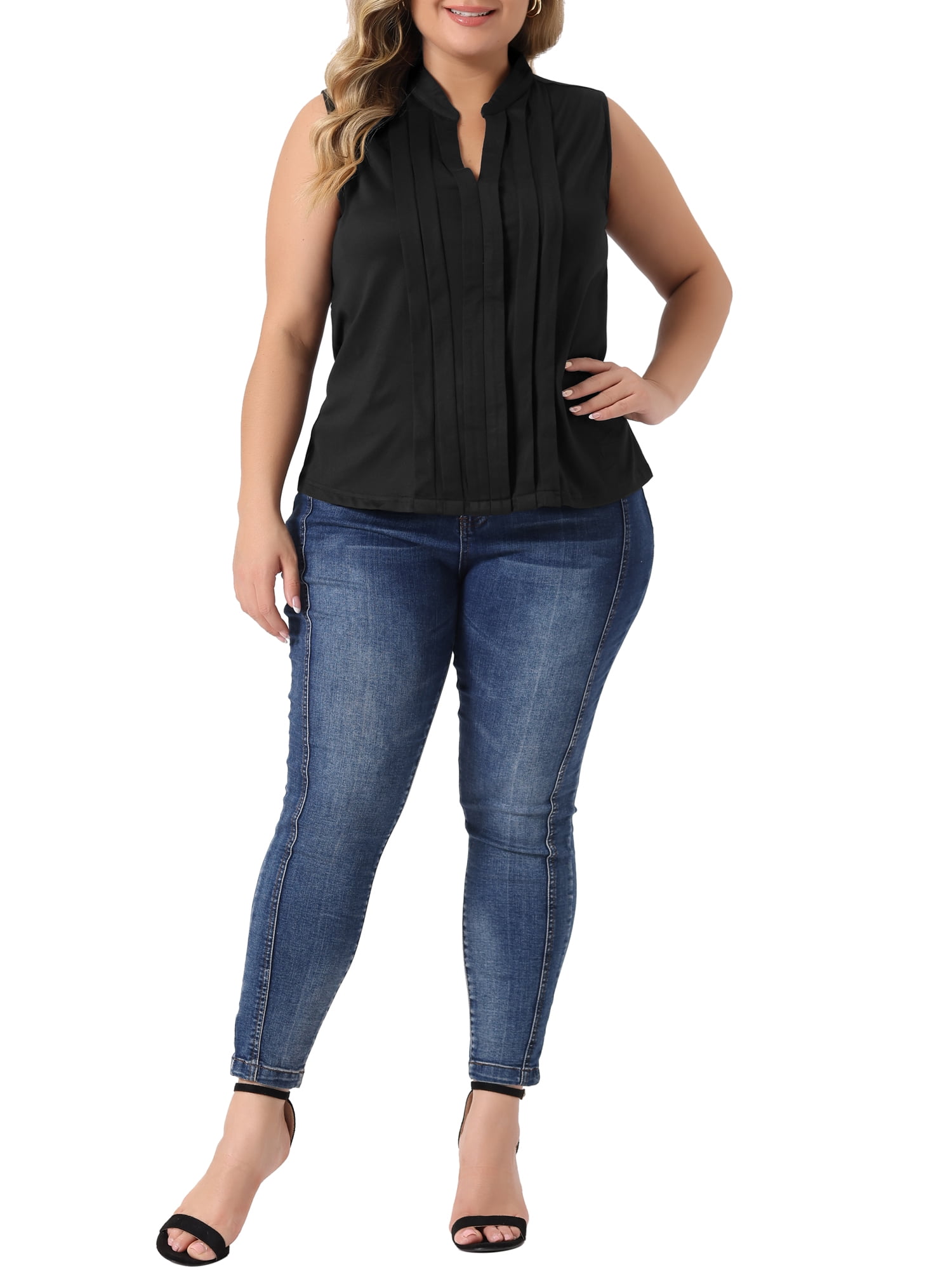 Unique Bargains Women's Plus Size Tops V Neck Sleeveless Work Shirts Blouses 1X Black