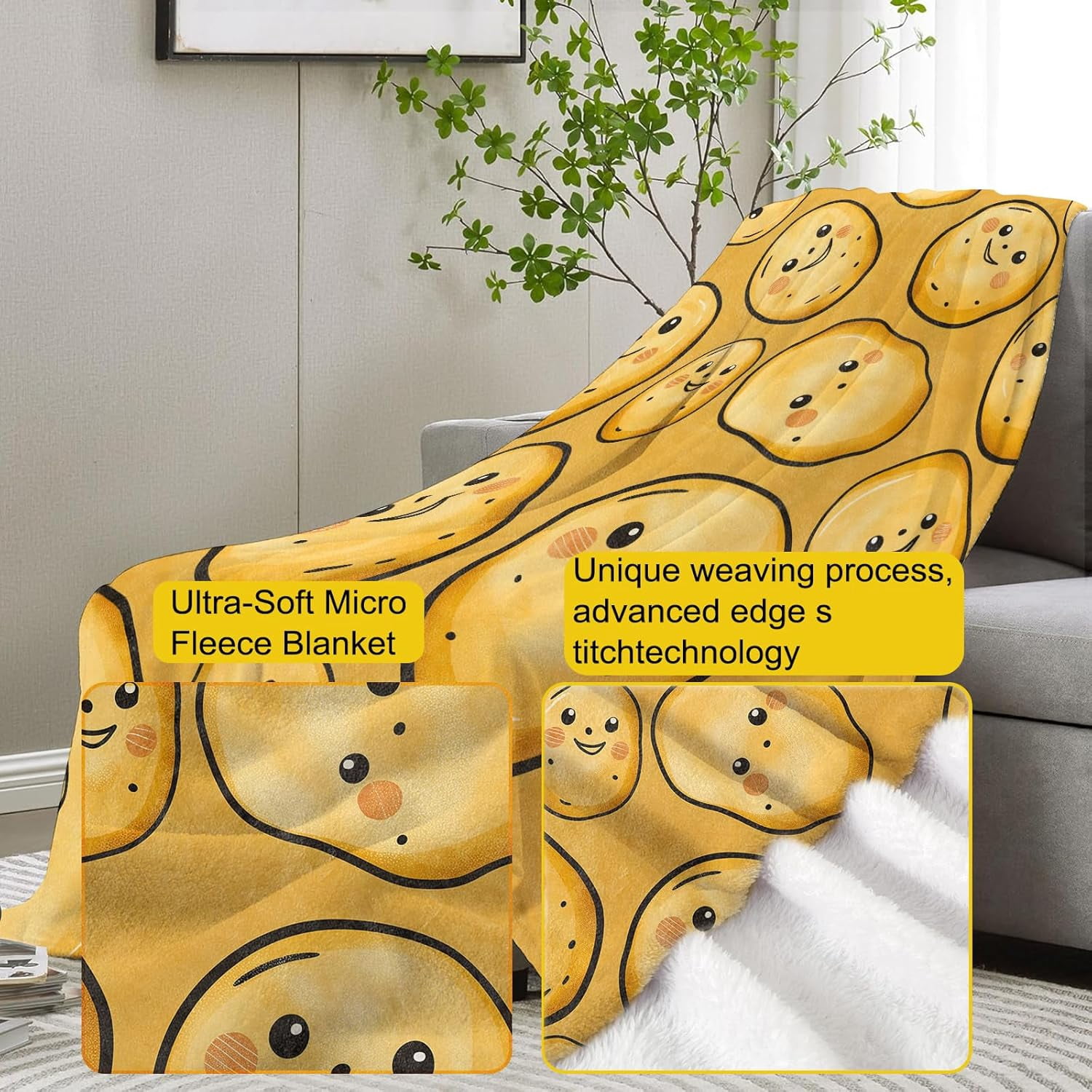 Funny Potato Blanket,Cute Potatoes Flannel Throw Blankets,Soft Warm Lightweight Cozy Plush Throws for Bedroom Sofa Home Decor Gifts for Women Girls 50"x40"