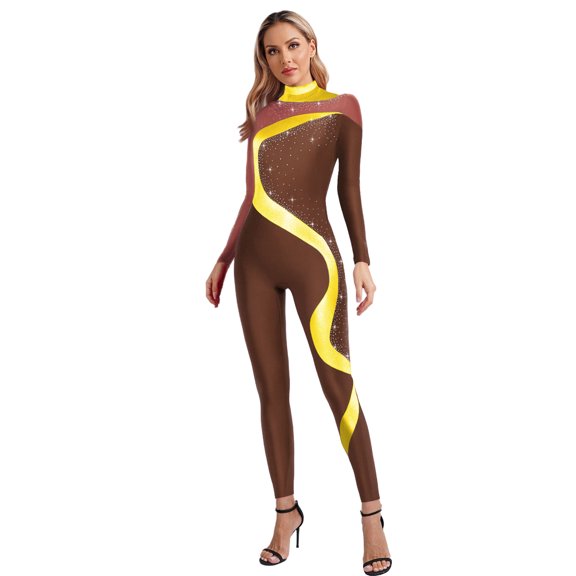 Nyeemya Women Long Sleeve Dance Unitard Gymnastics Leotard Mock Neck Hollow Out Figure Skating Jumpsuit Brown M