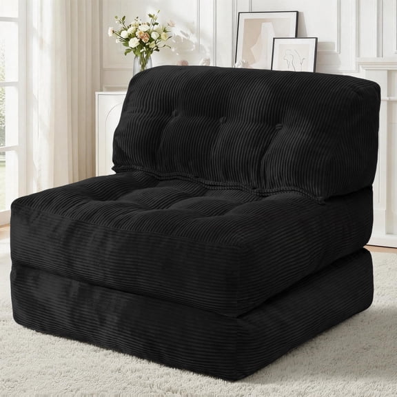 Black Corduroy Folding Sofa Bed Convertible Sleeper Chair With Back Support And Pillow