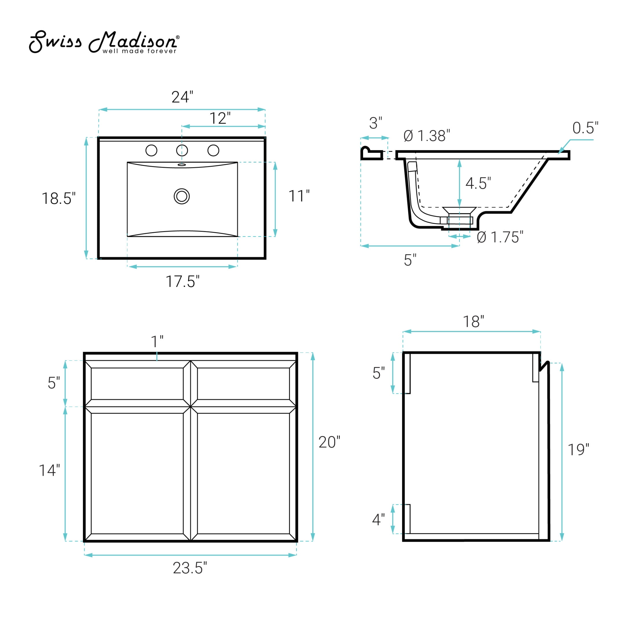 St. Tropez 24" Wall-Mounted Bathroom Vanity in White Oak with Black 3-Hole Widespread Sink Top