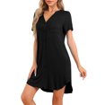 thumbnail image 4 of INSPIRE CHIC Womens Pajamas V-Neck Nightshirt Loungewear Button Down Short Sleeve Nightgowns L Black, 4 of 6