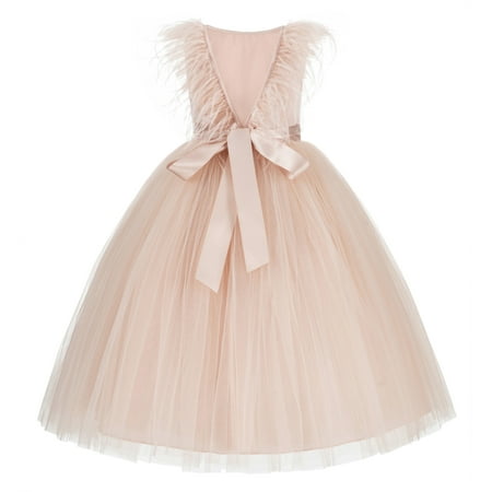 

Backless Ostrich Feather Flower Girl Dress Pretty Princess Gown OS3