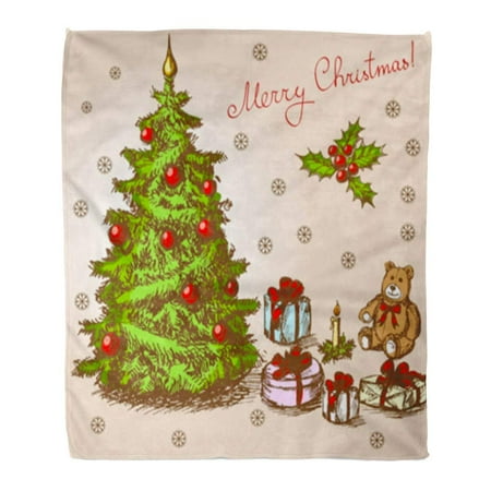 Abstract Boxes - ASHLEIGH Flannel Throw Blanket Beige Drawn Vintage Christmas Green Tree Snowman Abstract Bow Box 58x80 Inch Lightweight Cozy Plush Fluffy Warm Fuzzy Soft