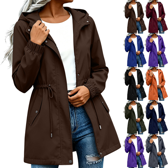 Zeijnsda Outdoor Jackets for Women Autumn Winter Zip-Up Midi Jackets Sporty Outfits Hooded Coat Waist Drawstring Pockets Warm Outerwear