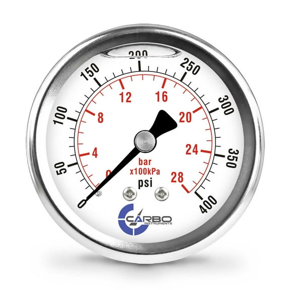 CARBO Instruments 2 1-2" Pressure Gauge, Stainless Steel Case, Chrome Plated Brass Connection, Lqiuid Filled, 0-400 psi/kPa, Back Mount 1/4" NPT