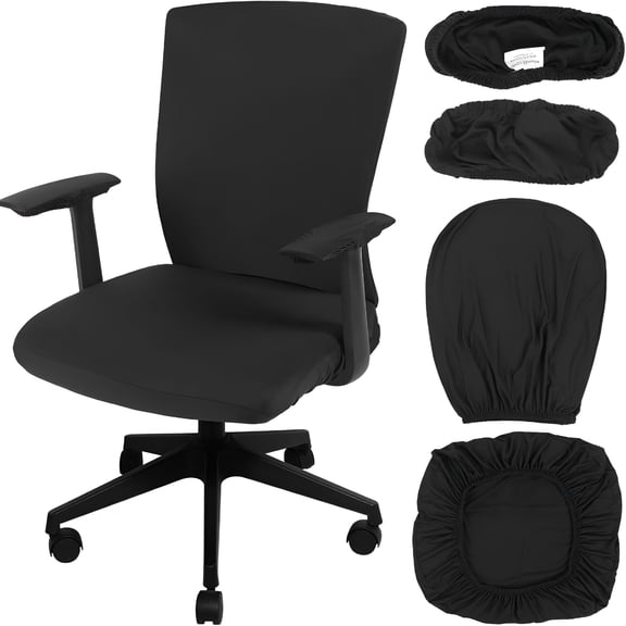 XIBUFE 4 Pcs Office Chair Covers Set Computer Universal Protective Stretchable Chair Seat Covers Desk Armrest Cover Pads Office Cushion Backrest for Rotating (Regular,Black)