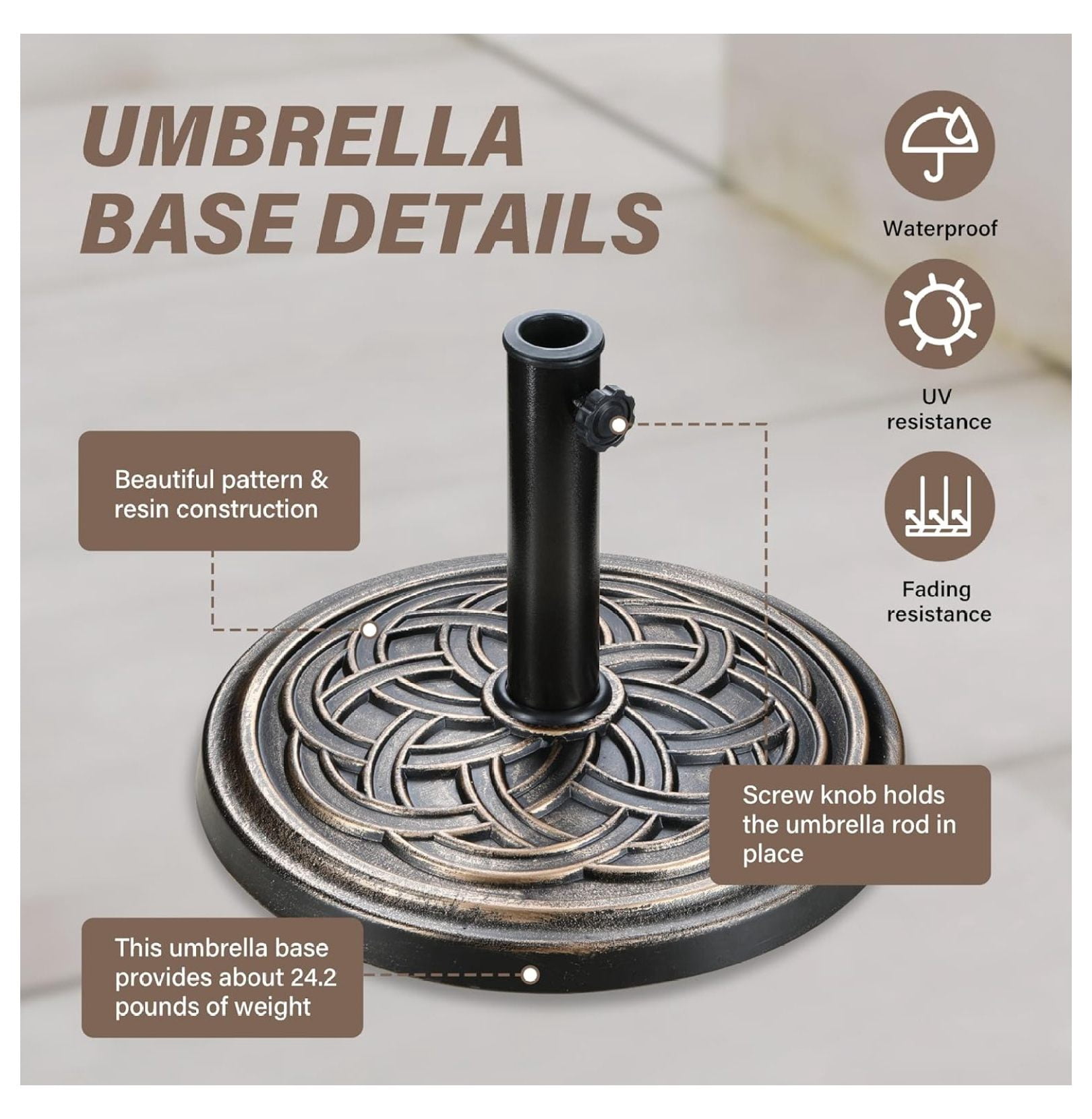 24Lbs Heavy Duty Umbrella Base Outdoor Round Patio Umbrella Stand for Lawn, Deck, Poolside, Bronze