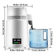 KFFKFF 1.1 Gallon Distiller, 0.3 Gallon/Hour, 750 Watt Distiller 0-99 Hour Timer Set Temperature Display, 304 Stainless Steel Countertop Still Carafe Cleaning Powder 3 Carbon Packets, White