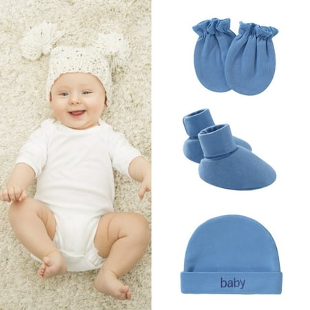 

Naturegr 1 Set Baby Hat Solid Color Anti-Grabbing Cotton Gloves Hat Foot Cover Three-piece for Newborn