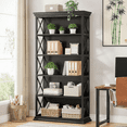 thumbnail image 4 of 5-Tier Industrial Art Bookcase with X-Pattern Sides, E0 Panels & Black Metal Frame, 34kg/Shelf Capacity, Open Shelving for Home/Office, 4 of 6