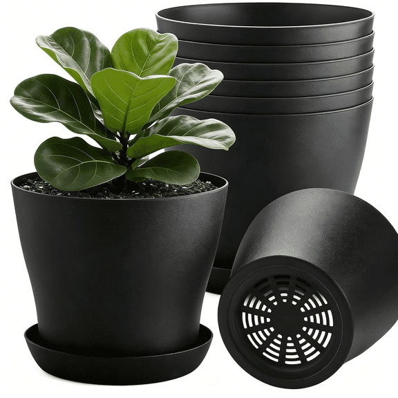 BPPEG 6 Pack 8Inch Plant Pot with Drainage Holes&Saucer,Durable Plastic 8" Nursery Pots-Round Flower Pots for Indoor/Outdoor Plants,Succulents,Herbs,Cacti and All Home